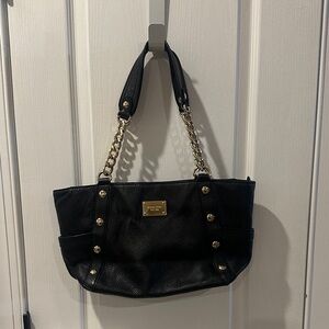 Michael Kors Delaney Black Leather Shoulder Bag with Gold Accents